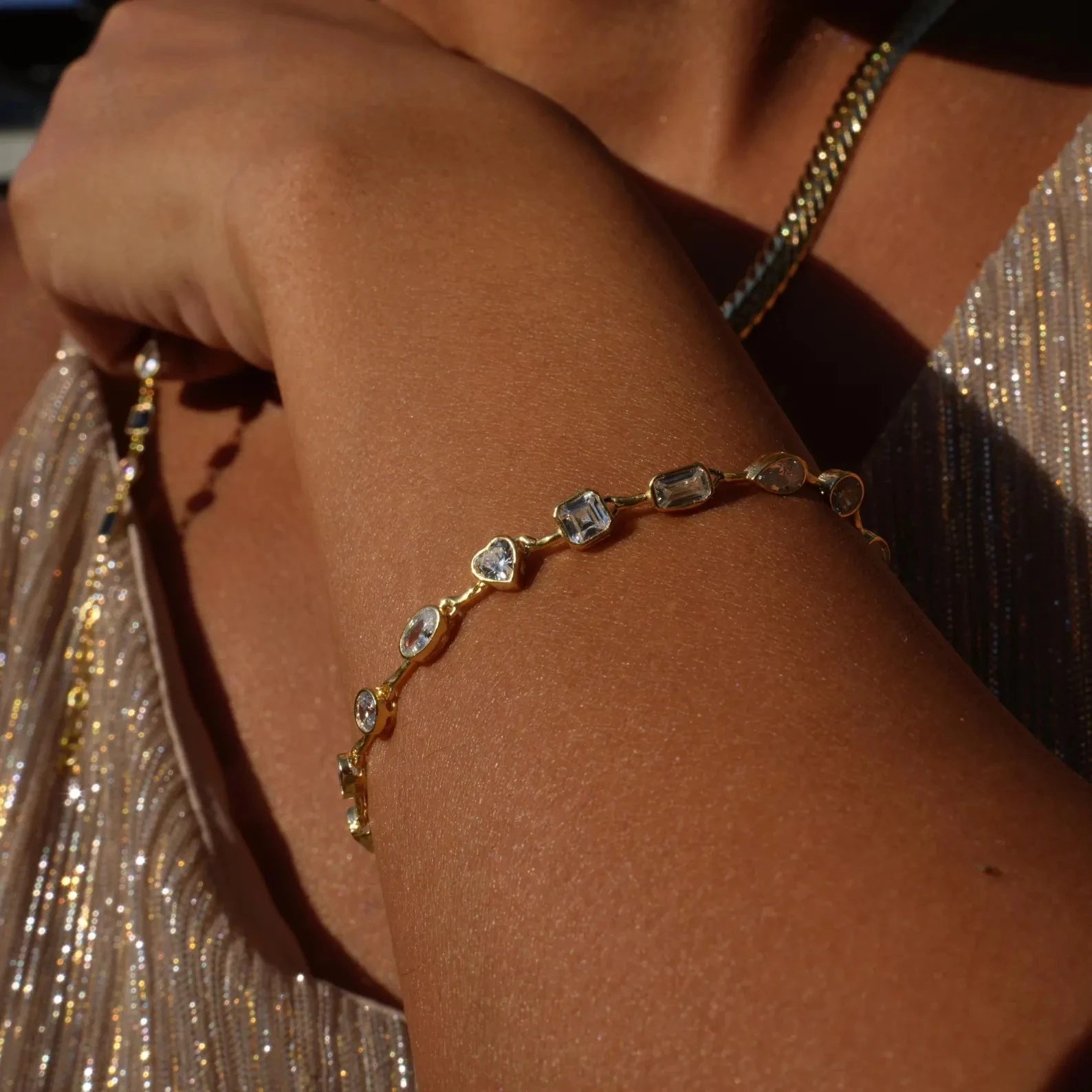 2025 New Trendy Women Jewelry Gold Color Geometric Various Shaped Bezel 5A Sparking CZ Tennis Chain Bracelet Necklace Set - 4