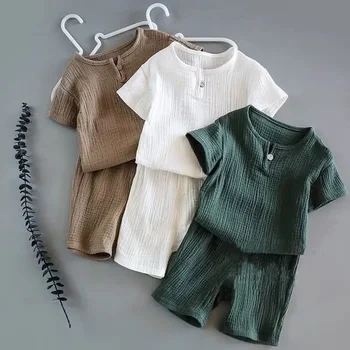 Summer Children's Clothing Set Cotton Linen Sports Baby Girl Boy 2-Piece T-shirt Shorts Outfit for Kids Aged 1-6 Years