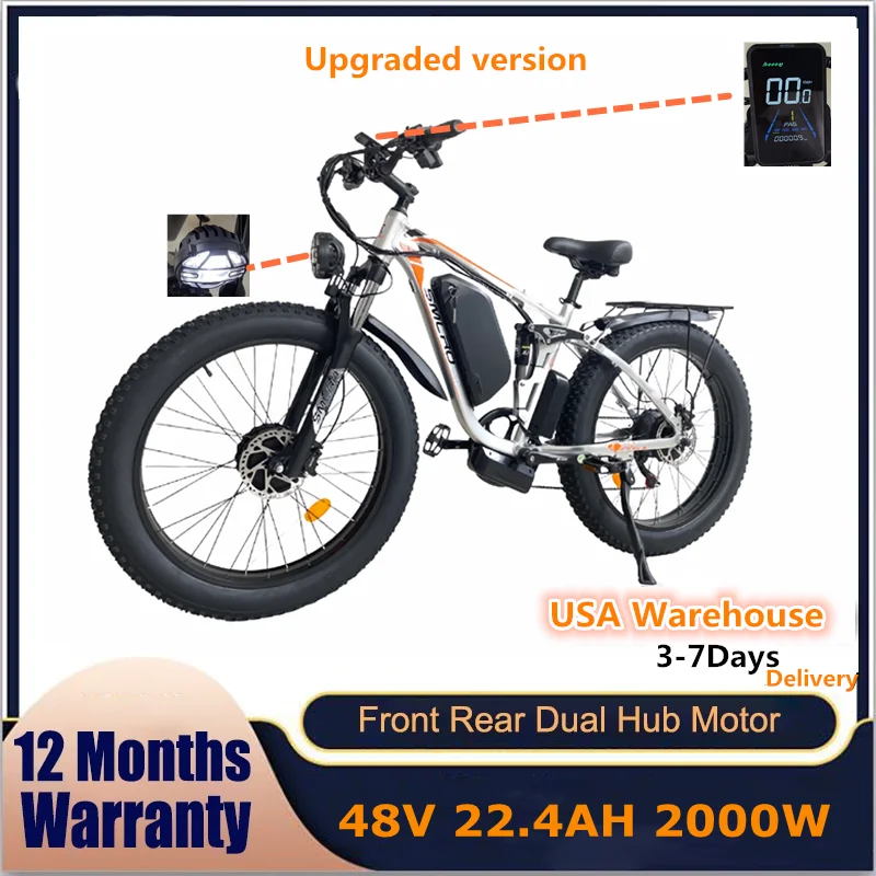 

US Stock Smlro V3 Pro 2000 Watt Electric Fat Tire Bike Double Motor 26 inch 48V 22.4Ah Full Suspension Snow Mountain Bicycle