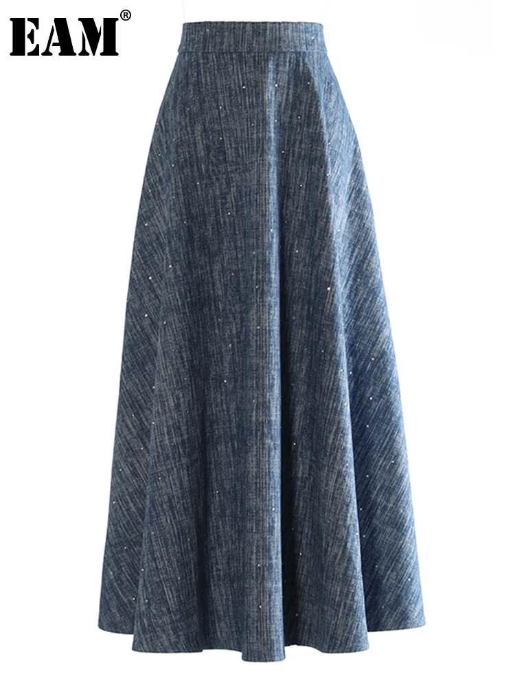 

[EAM] High Waist Blue Denim Rhinestones Long Elegant A-line Half-body Skirt Women Fashion Tide New Spring Autumn 2024 1DH0634