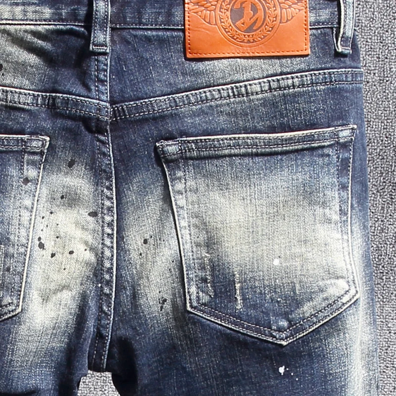 Street Fashion Men Jeans Retro Black Blue Stretch Slim Ripped Jeans Men Hole Trousers Vintage Designer Casual Denim Pants Hombre