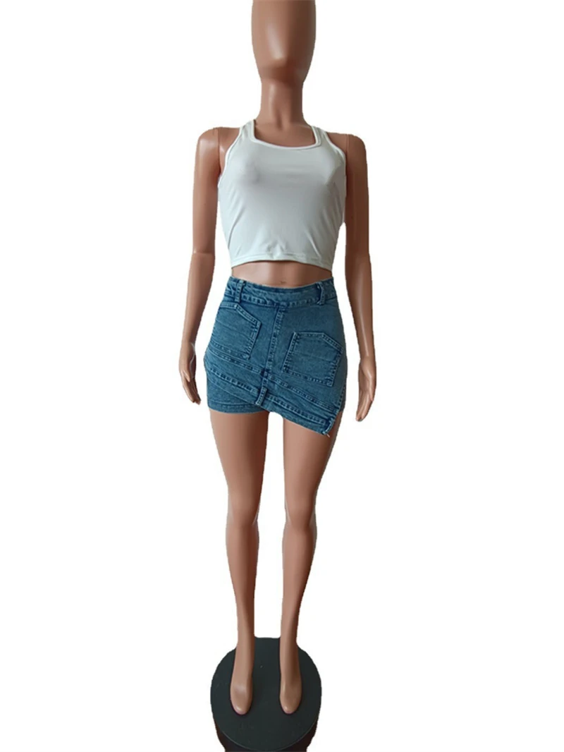Summer Asymmetrical Bodycon Jeans Mini Skirts with Pockets Women Sexy High Waist Stretchy Denim Petticoat