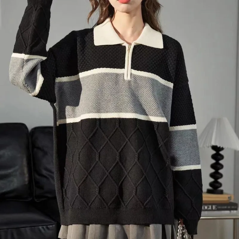 

Polo Collar Contrast Color Pullover Sweater for Women Autumn and Winter New Style Loose Versatile Knitted Sweater for Women