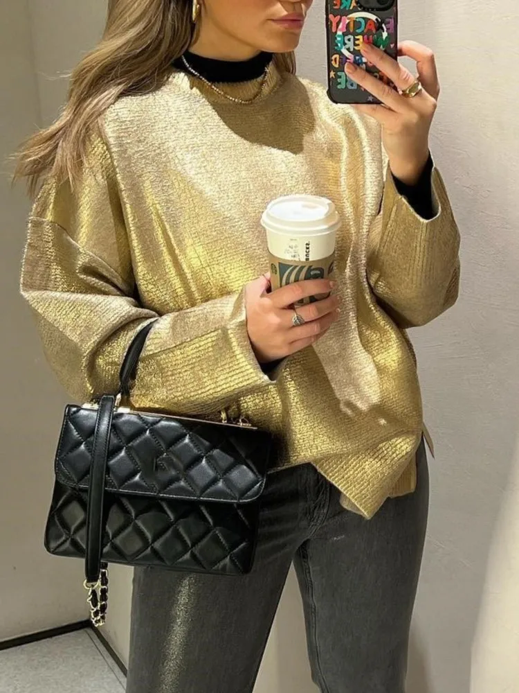

Crew Collar Metal Loose Knitwear For Women Elegant Long Sleeve Casual Warm Solid Tops 2023 Autumn/winter Female Chic Street Wear