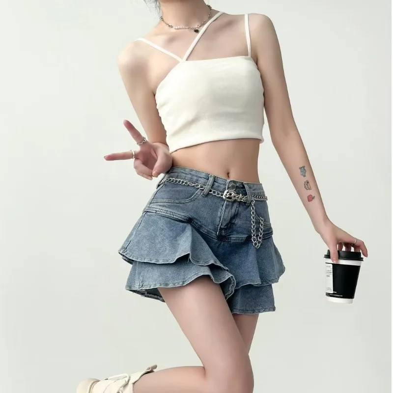 Y2k Skirts Women Summer Hot Ruffles Mini Design All-match Slim Simple Denim Retro Schoolgirls Streetwear Korean Style Faldas New