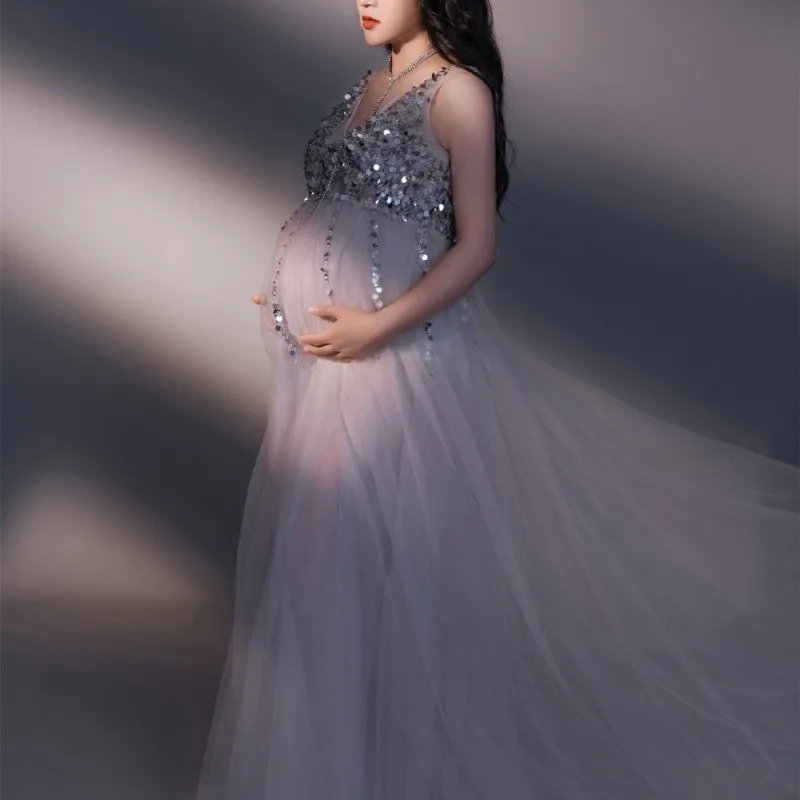 silver-maternity-photography-dresses-sexy-sequin-beaded-dress-pregnant-women-v-neck-sling-dress-baby-shower-maxi-dress