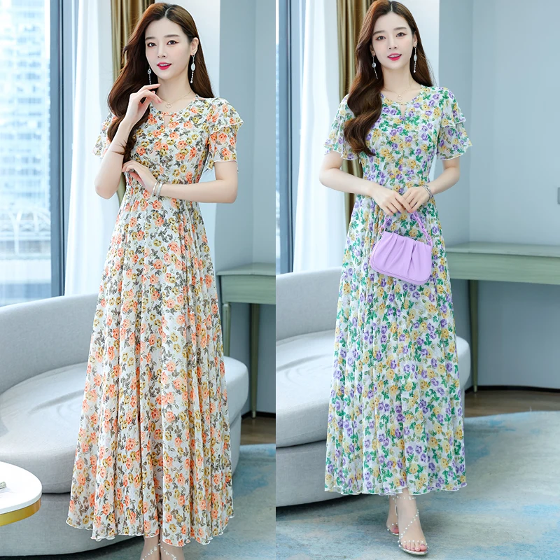 

The new dress is the summer harvest waist posed fair maiden temperament show thin chiffon long dress to the ankle