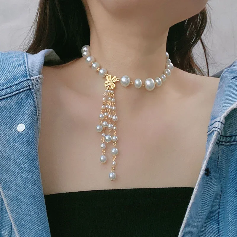 Metal Flower Imitation Pearl Tassel Women's Necklace Sweet Romantic Fashion Wedding Banquet Necklace For Women Fashion Jewelry