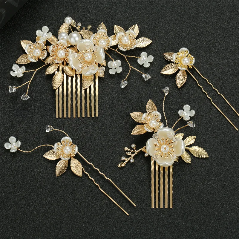 Golden Hair Comb Floral Pearl Hairpin Wedding Hair Accessories For Women U-shaped hair Clips Fashion Bridal Tiaras Jewelry