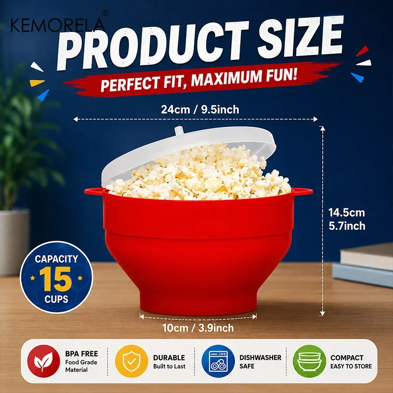 Microwave Popcorn Maker – Large Foldable Silicone Bowl, BPA-Free & Dishwasher Safe, Ideal