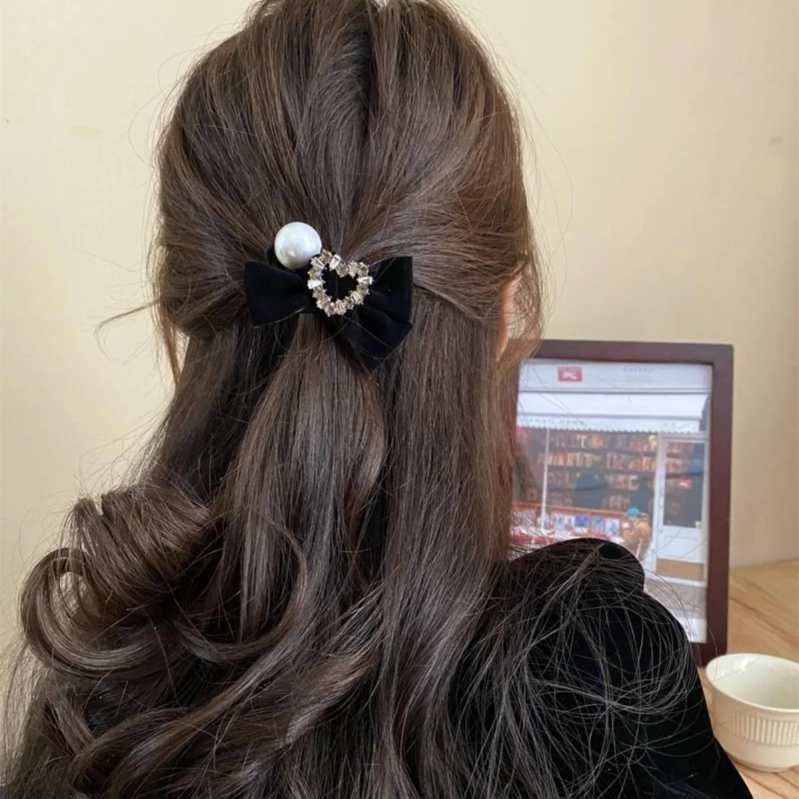 1PC Black Velvet Bow Hair Scrunchies,Rhinestone Heart/Square Hair Ties,Elegant Pearl Elastic Hair Bands,Retro Korean Style