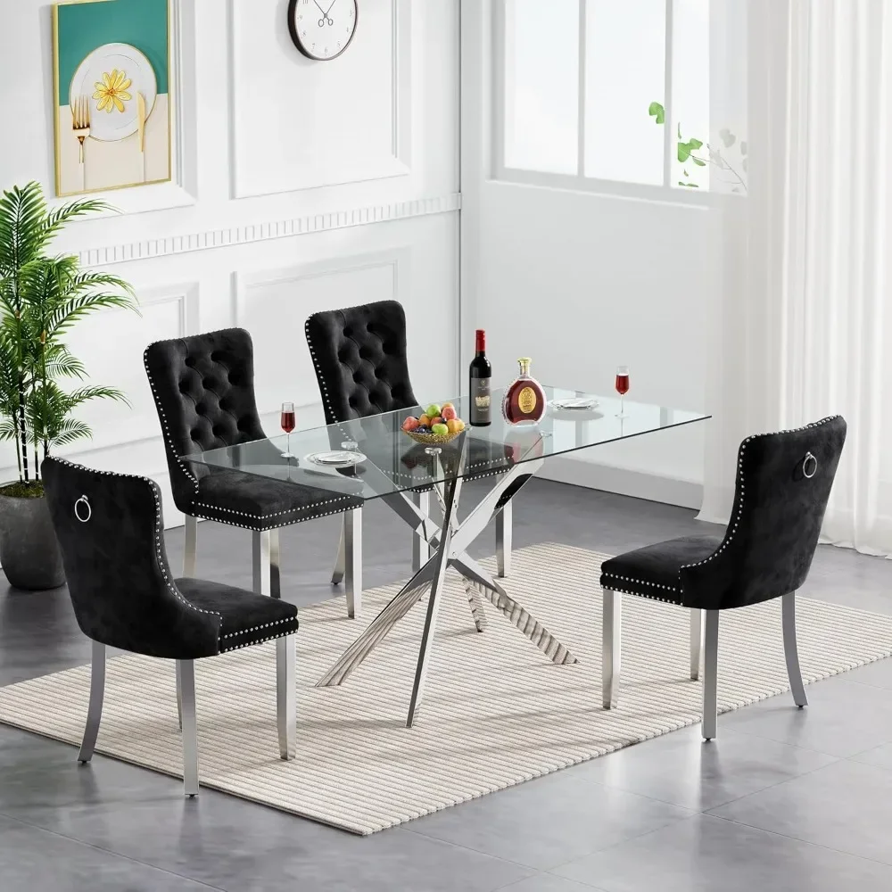 5 Piece Glass Dining Table Set, 51" Rectangular Glass Table and 4 Velvet Upholstered Chairs, Glass Dining Table Set for 4 2