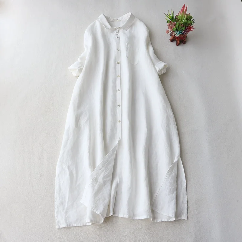 

Women Cotton Linen Dresses Ladys Half Sleeve Solid Color Button O-neck Stand Collar Summer Spring Loose Casual Shirt Dress