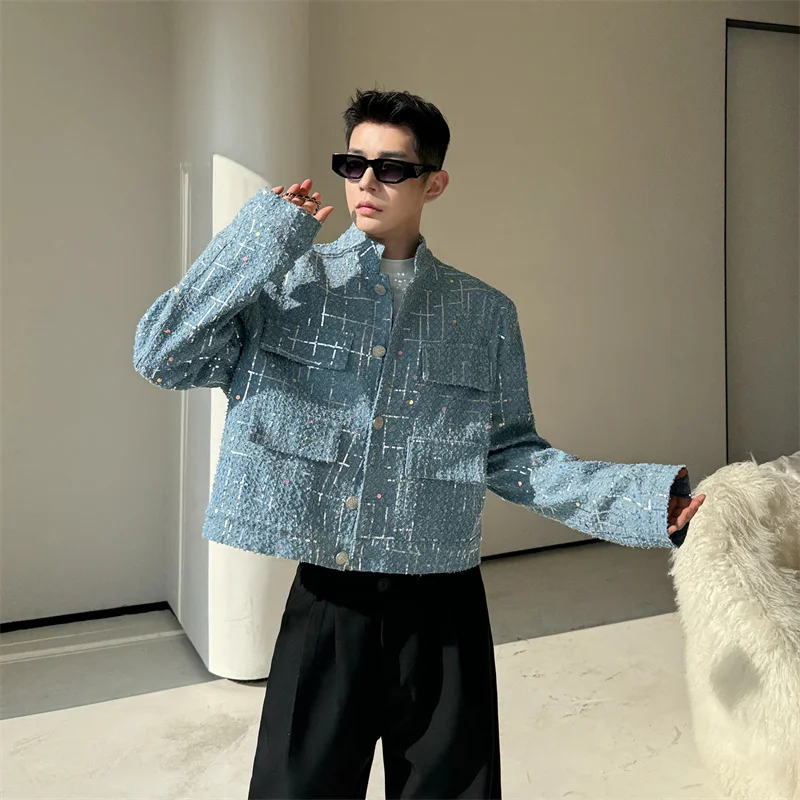 Fashionable Sequins Jacket Men's 2024 Spring Short Denim Jacket Trendy Male Tops High-End Long Sleeve Single-Breasted Jackets