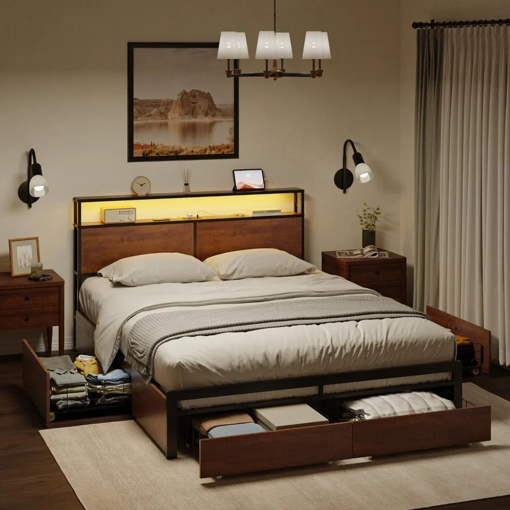 

Queen Size Bed Frame with Storage Headboard and 4 Drawers LED Lights Metal Platform Non-Slip Without Noise Mattress Foundatio