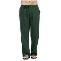 Men Casual Linen Work Pants Summer Spring Solid Green Brown Straight Golf Long Pants - Image 4