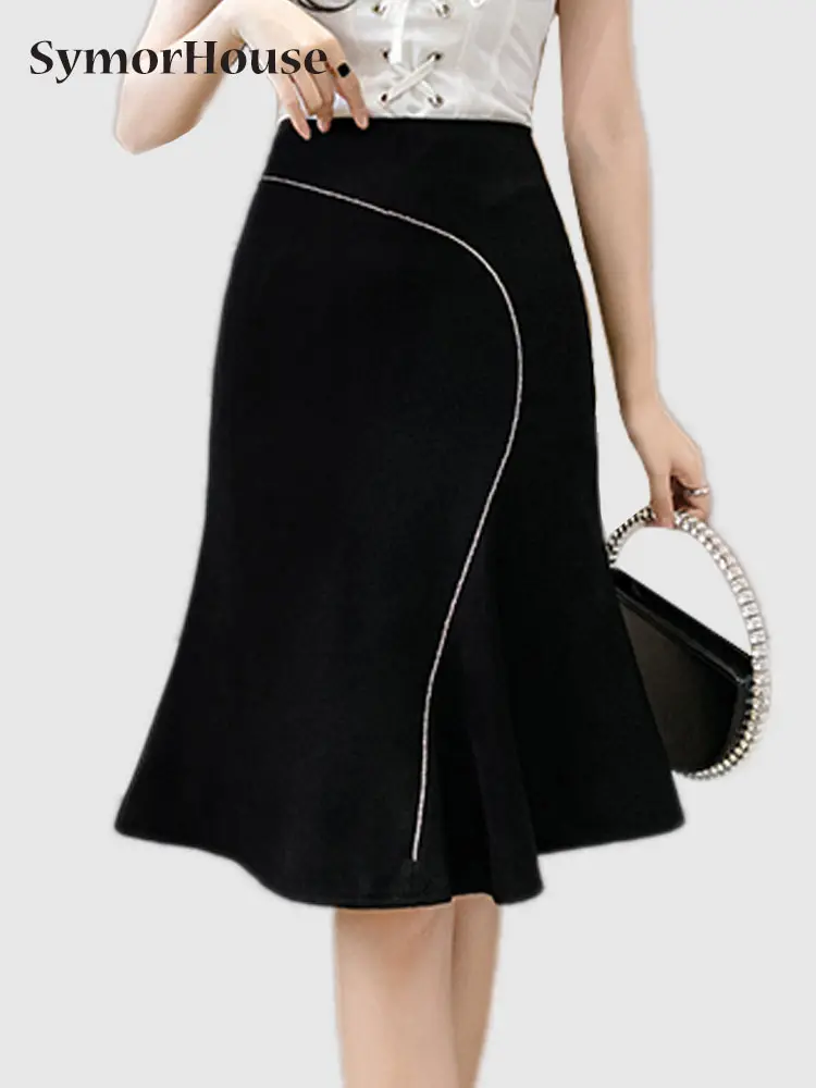 

High Waist Vintage Black Skirts Women 2023 Spring Summer Office Lady Elegant Package Hip Patchwork Mermadi Midi Skirts Female