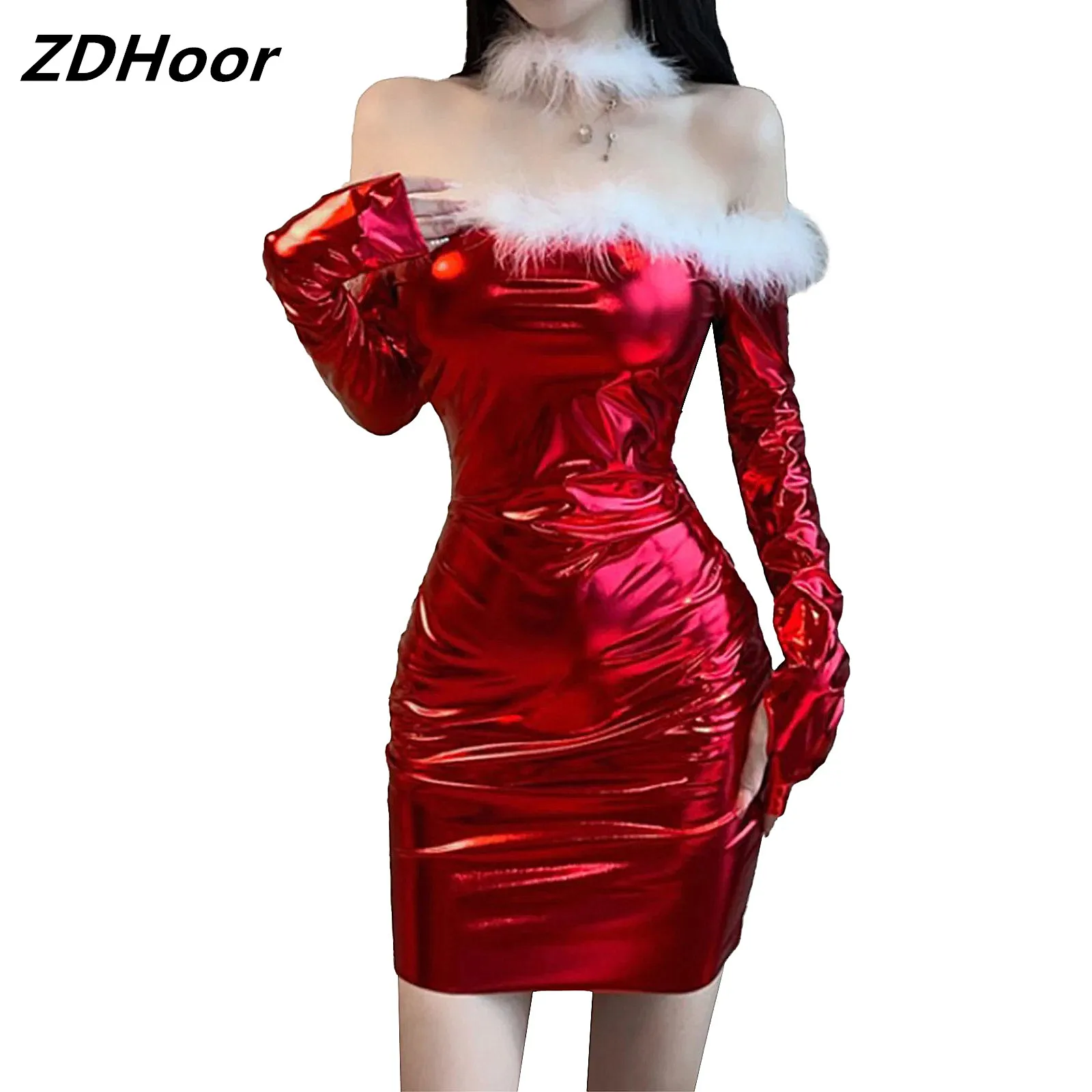 

Womens Christmas Mrs Santa Dress with Feather Choker Off Shoulder Long Sleeve Metallic Shiny Bodycon Dress Xmas Holiday Dress Up