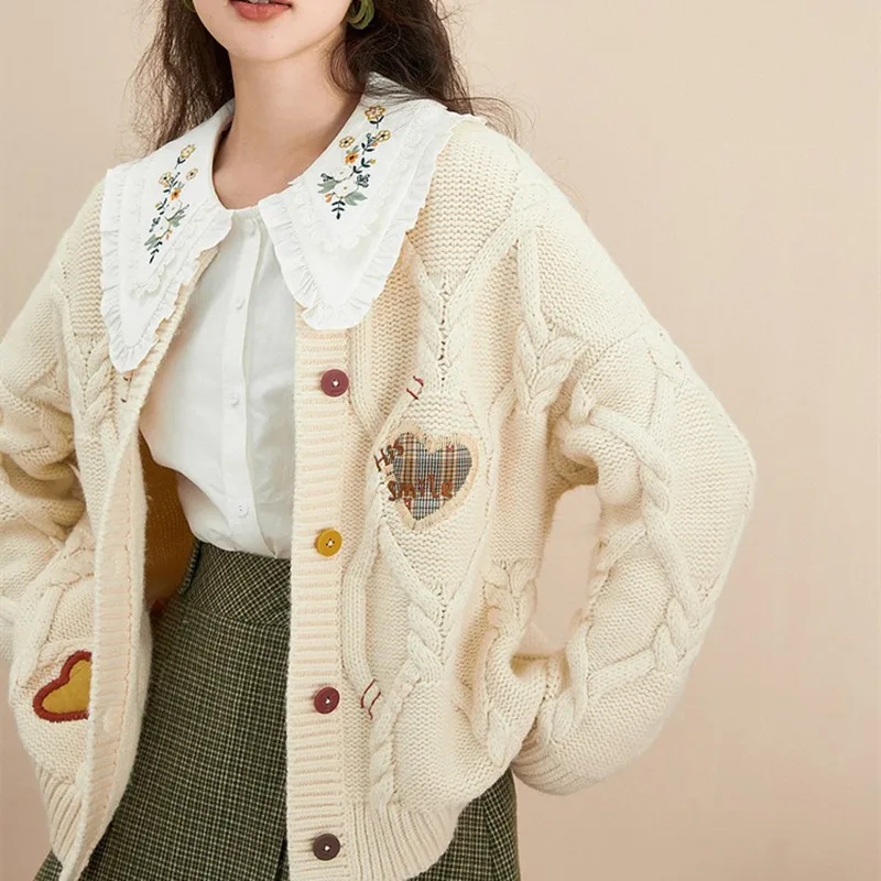 

2022 Autumn and Winter Embroidered Solid Color Cardigan Women's Sweater Coat Thickened Loose Literary Retro Knitted Sweater