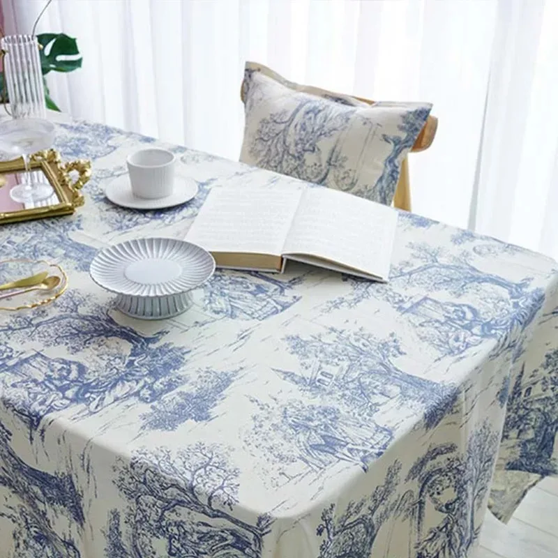 Blue Printed Tablecloth Classic French Village Rustic Table Cover Rectangle Oblong Tabletop for Kitchen & Dining Room Home Decor 1