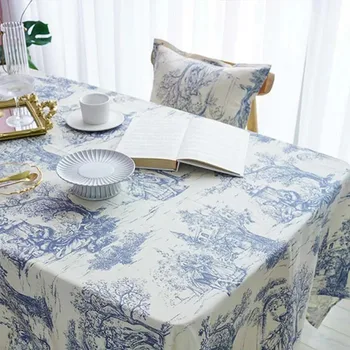 Blue Printed Tablecloth Classic French Village Rustic Table Cover Rectangle Oblong Tabletop for Kitchen & Dining Room Home Decor 1