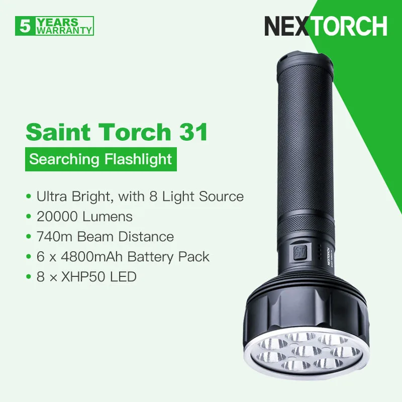 

Nextorch Saint Torch 31 Ultra Bright 20000 Lumens Searching Flashlight, 8pcs LED Sources, 6 4800mAh Battery Pack, 740m Long Beam