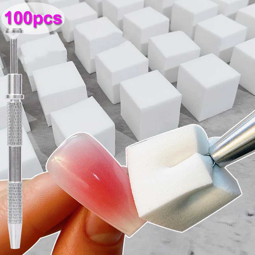 100PCS Mini Nail Art Sponge with Grasping Pen Gel Polish Color Gradient Brush DIY Glitter Powder Dotting Pen for Manicure Tools