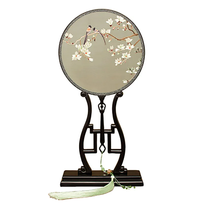 Vintage Embroidery Double-Sided Palace Round Circular Fan with Frame, Suit for Wedding Favor, Business Gift