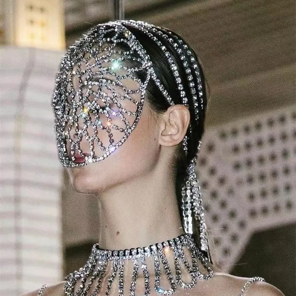 Fashion luxury shining Rhinestone mesh hollow mask body jewelry women's wedding accessories bridal mask chain party accessories