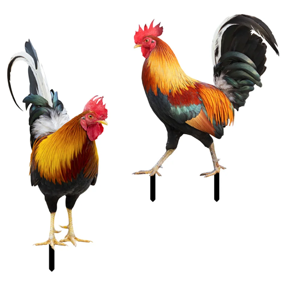 

2 Pcs Rooster Garden Decoration Decorative Stakes Yard Patio Sculpture Ornament Acrylic Grass Lawn Inserted