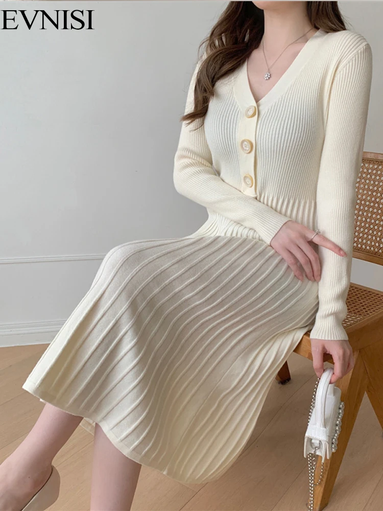 

Элегантное женское весенне-осеннее трикотажное плиссированное платье EVNISI на пуговицах с V-образным вырезом и длинным рукавом, вечернее ТРАПЕЦИЕВИДНОЕ платье для женщин, платья