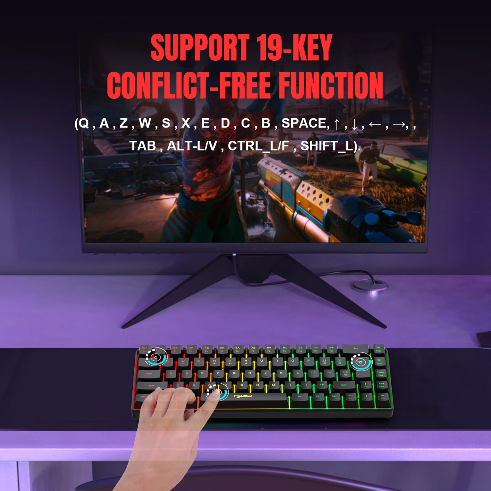 HXSJ 키보드 마우스 콤보 유선 K68 RGB 스트리머 멤브레인 키보드, 2.4G 무선 RGB 게이밍 마우스, 3600DPI 11 RGB 조명 모드