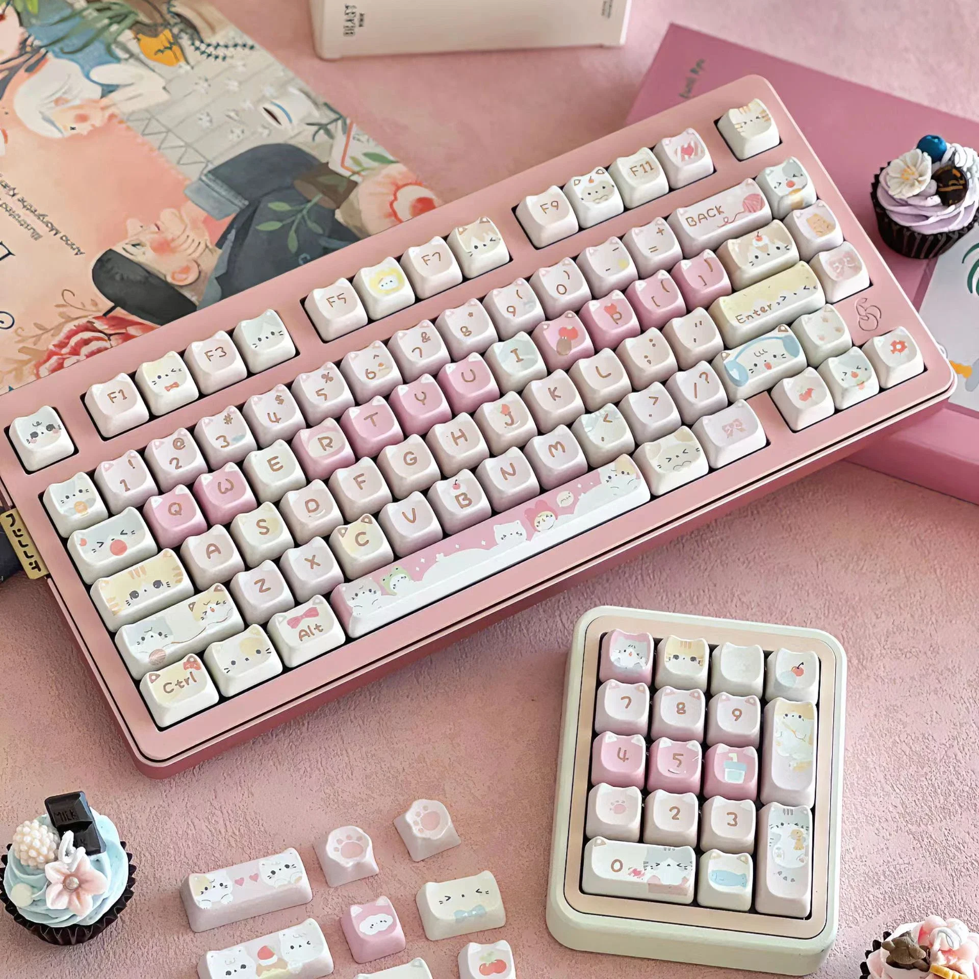 Conjunto de Teclado Mecânico para Meninas Cute Meow Keycaps Cat Head Mao Profile Pbt Square Key Cap Sublimação Térmica Presente - Imagem 6