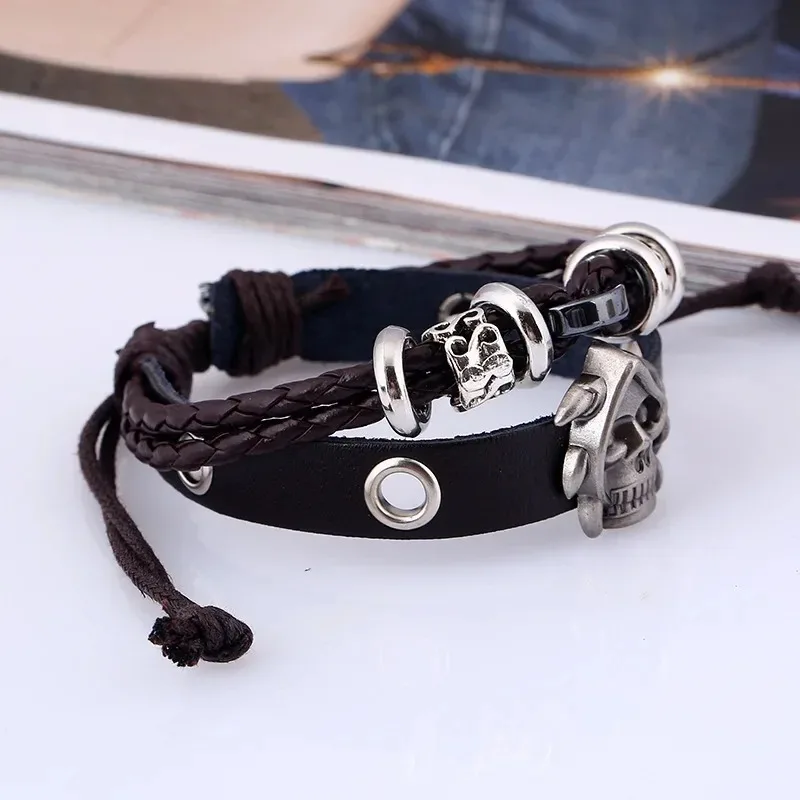 New Beaded Cowhide Bracelet Men Skeleton Head Handwoven Bracelet Punk Style Wristband Bracelet Jewelry Accessories Cccams España