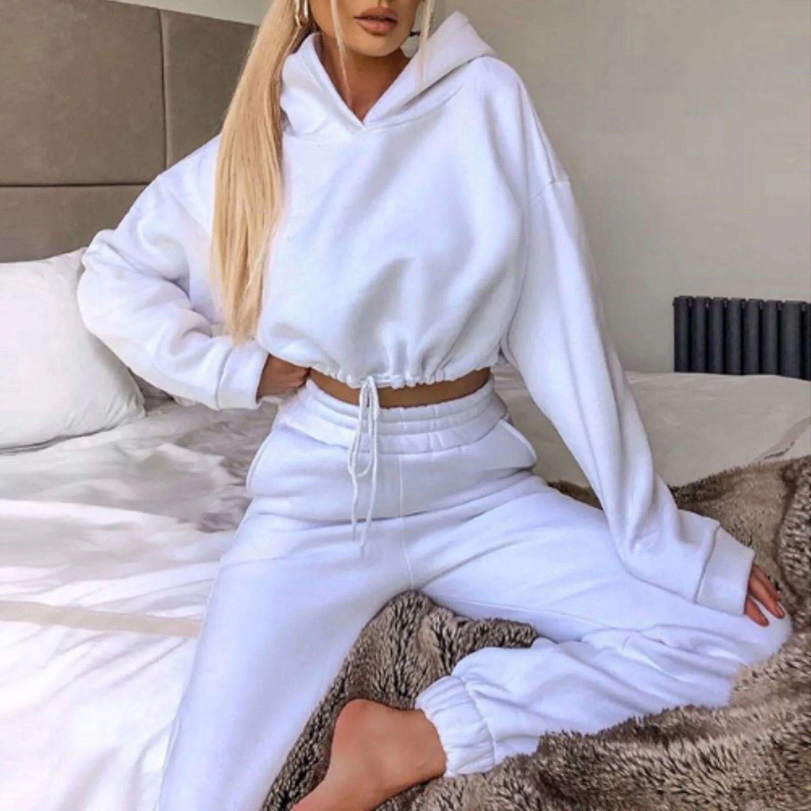 

Solid Hoodies 2 Two Piece Set Women Tracksuit Bandage Crop Top+Sweatpants Pants Sets Casual Joggers Sport Outfits Sweatsuits