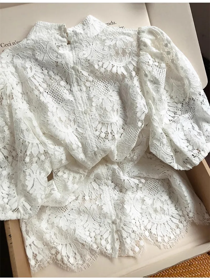 

Women's Blouse Lace Hollow Out Back Single Breasted Stand Collar Short Sleeve Sexy Shirt