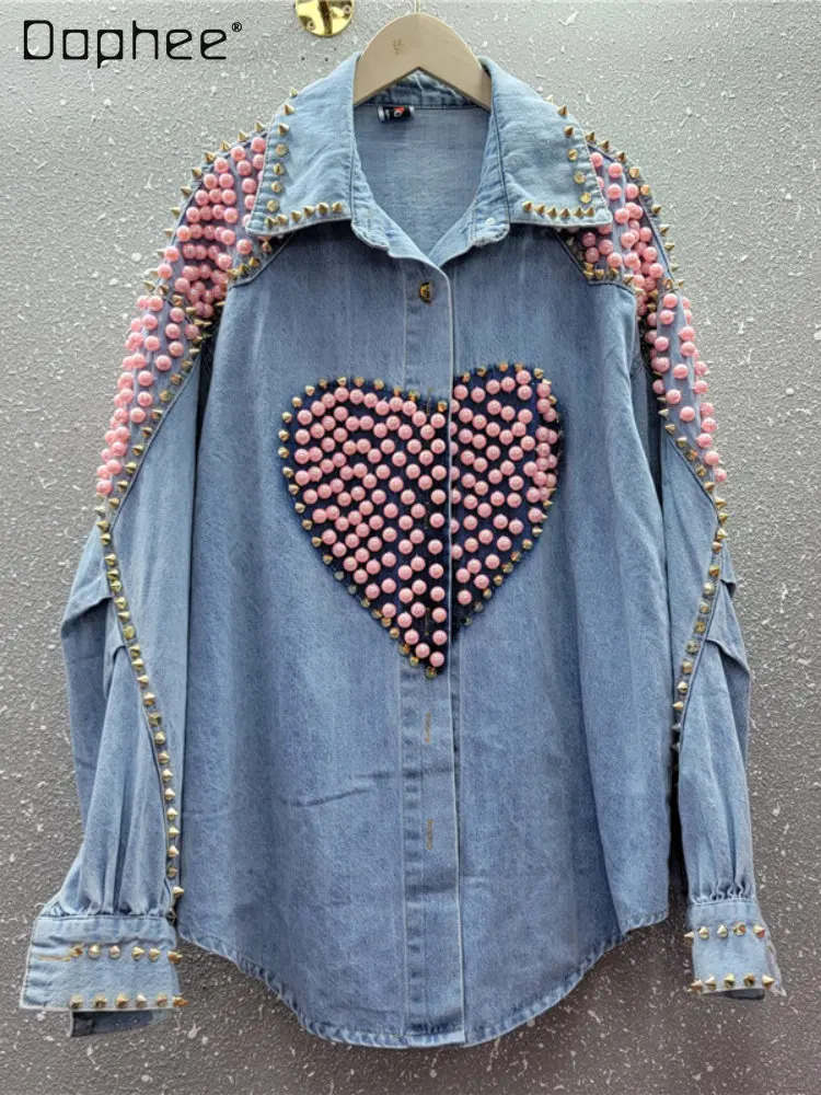 

Retro Love Beaded Denim Shirt for Women 2023 Spring New Fashion Casual Polo Collar Single-breasted Long Sleeve Blue Jean Jackets