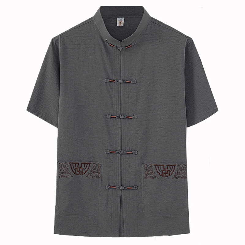 Cotton and Linen (Top + Pants) Elderly Men Gold Silk Pan Buckle Pocket Embroidered Tang Dress Han Dress Lay Tai Chi Suit Set