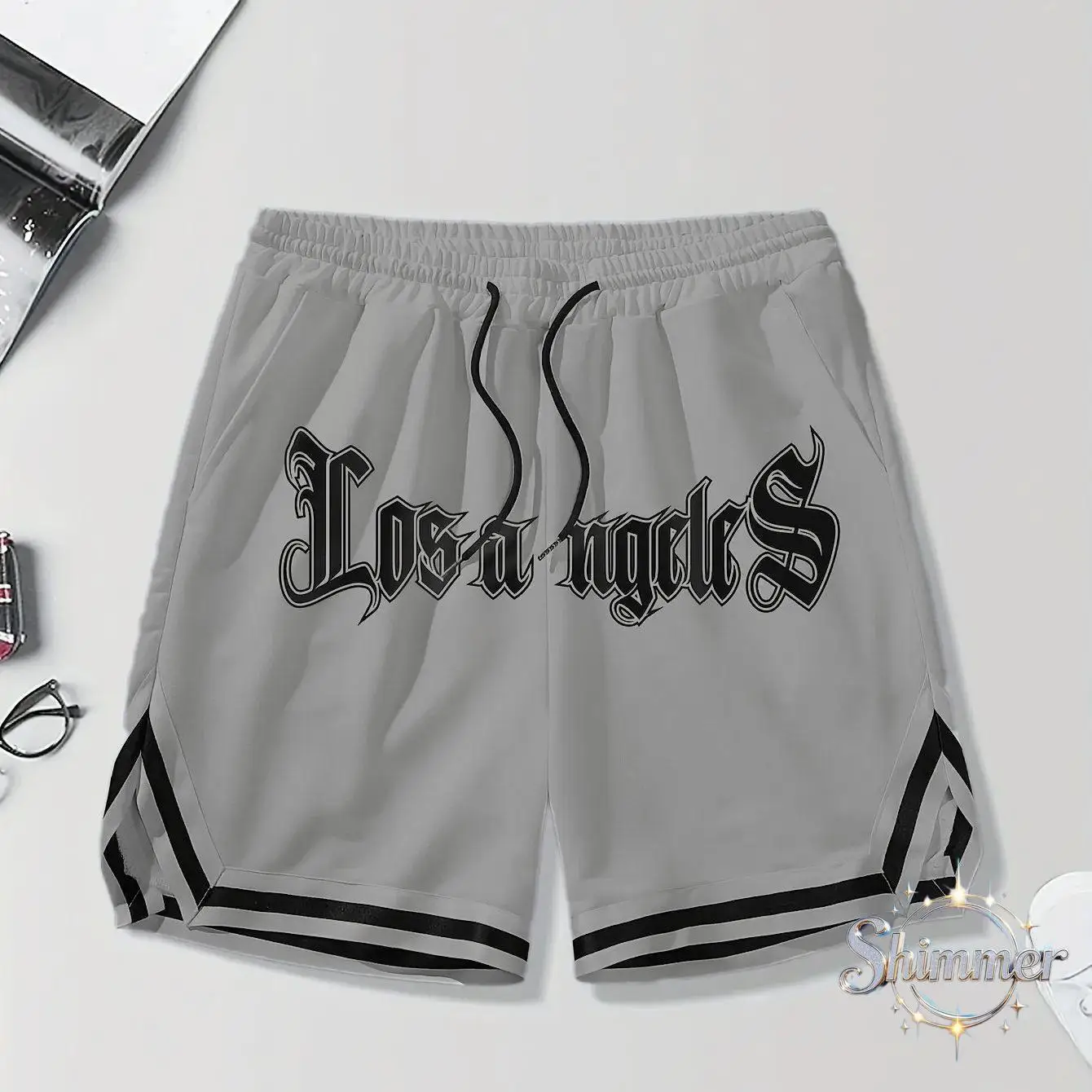 Stylish Men's 3D LOS ANGELES Basketball Shorts with Alphabet Print, Loose Fit with Drawstring and Pockets