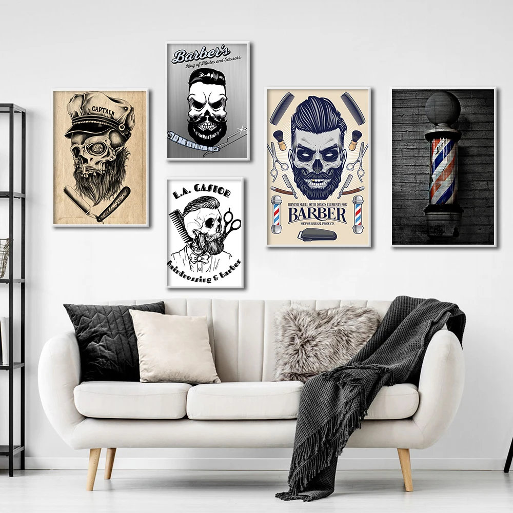 

Retro Barber Shop Decor Poster Skull Shaving Haircuts Picture Abstract Canvas Painting Prints Fun Vintage Room Wall Art Cuadros