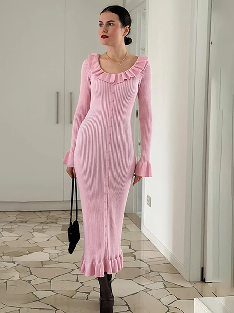 Ruffled Knit Long Dress For Women Lapel Slim High Waist Single Breasted Sweater Maxi Dress Elegant Ladies Party Dresses
