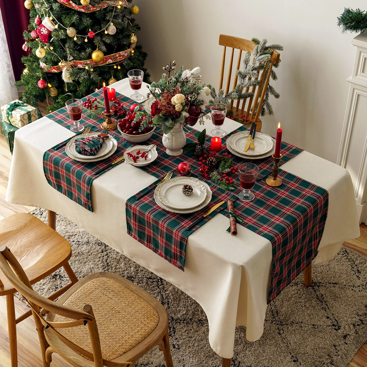 Noël Tartan Vert/Rouge Serviette & Chemin de Table Set Noël Table