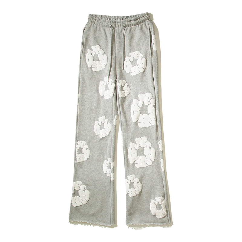 High Street Terry Cloth Tear Kanye Kapok Pants Men Women Foam Print Loose Casual Sweatpants  Micro Bell-bottoms