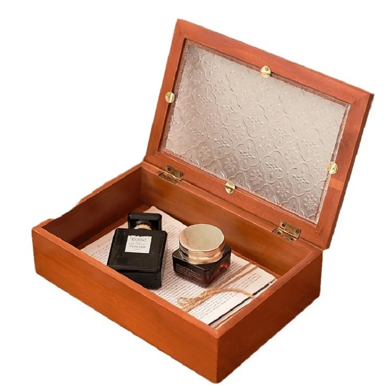 Lock storage Retro new Chinese solid wood desktop storage box Stationery box Dust-proof crabapple flower glass jewelry storage b 5