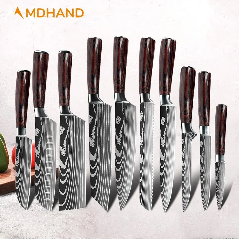 

1- 9PCS Damascus Steel Knives Set Chef Knife Kitchen Cleaver Paring Bread Knife Lasting Sharp Wood Handle