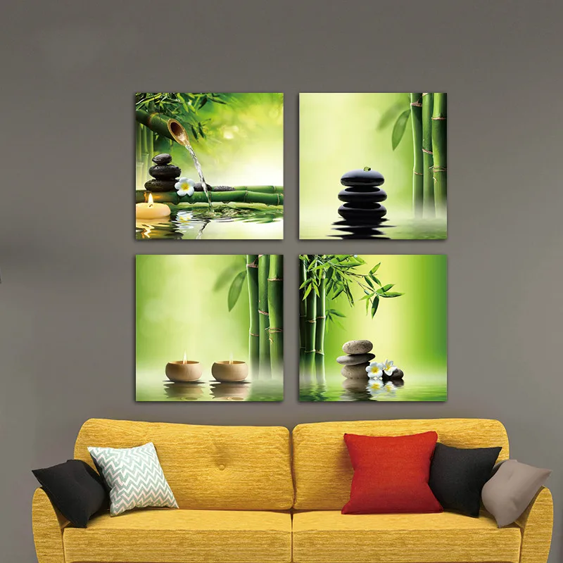 Modern 4 Panel Zen Giclee Canvas Prints Perfect Bamboo Green Pictures on Canvas Wall Painting Art for Home Office Decorations