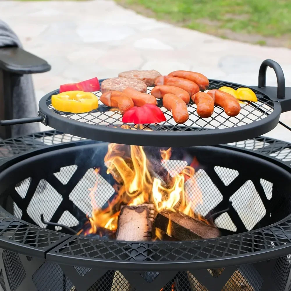 Description Picture 4 of item47" Steel Ranch Wood Burning Fire Pit Round Outdoor Fireplace with Adjustable Grill Top, Safety Ring, and Cooking Grate, Black
