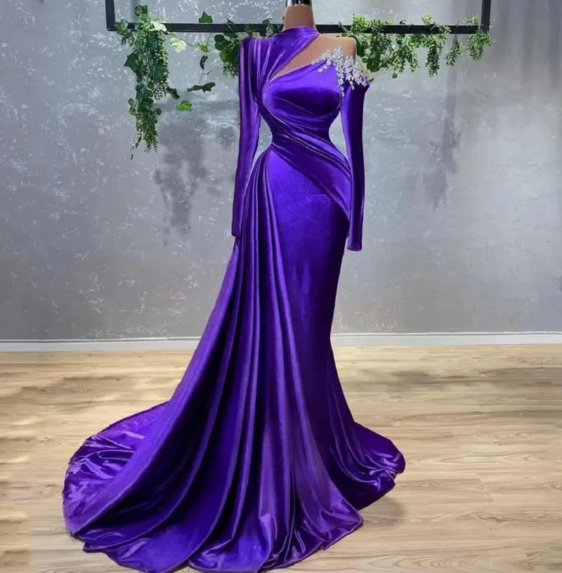 

Purple Velvet Long Sleeves Mermaid Evening Dresses Arabic Ruched Party Dress For Women Formal Prom Pageant Gowns Vestidos Gala