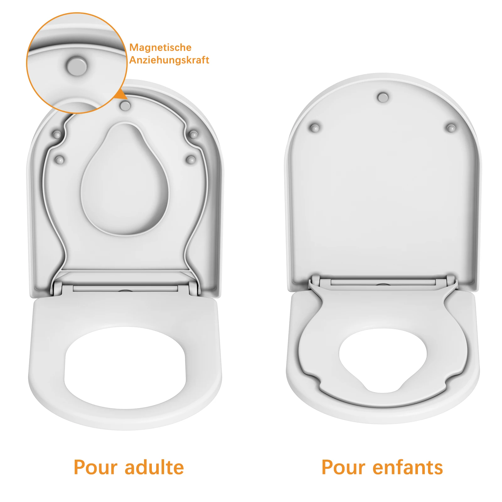 D-förmiger Familien-Toilettensitz mit sanftem Schließen und Kindersitz, integrierter Schnellverschluss für einfache Reinigung, Standard-Toilettensitze, Weiß – Detail 9
