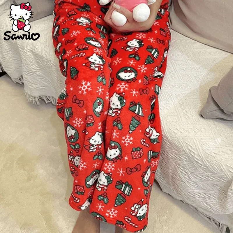 Kawaii Sanrio Hello Kitty Christmas Pigiama Pants Plushie Warm Women Pigiama Di Lana Casual Homewear Fashion Plushie Pants Girl